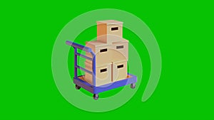 3d model of a cart loaded with boxes on a green screen. rotates 360 degrees