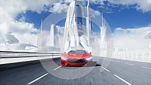 3d model of futuristic red electric car on highway. Very fast driving. Future concept. 3d rendering.