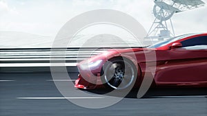 3d model of futuristic red electric car on highway. Very fast driving. Future concept. 3d rendering.