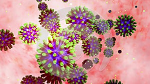 3d model of green coronovirus on the mucous membrane. 4k looped smooth animation virus floats in liquid. Scientific