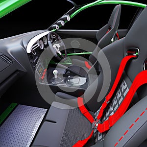 3D model of the interior of a coupe car with a sporty interior layout.