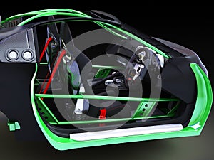 3D model of the interior of a coupe car with a sporty interior layout.