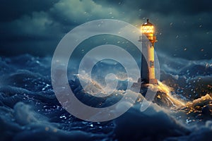 A 3D model of a lighthouse casting a guiding light over stormy seas, embodying steadfast leadership and direction , advertise