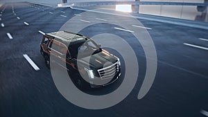 3d model luxury black car on highway. Very fast driving. Realistic 4k animation.