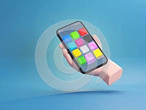 3D model of mobile phone social media concept with shiny hand with mobile phone and polygonal shapes shown as application on