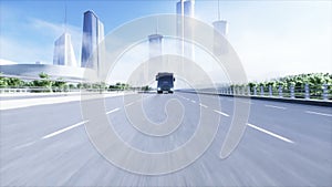 3d model of passenger bus very fast driving on the highway. Futuristic city background. 3d rendering.