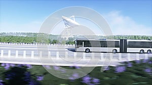 3d model of passenger bus very fast driving on the highway. Futuristic city background. 3d rendering.
