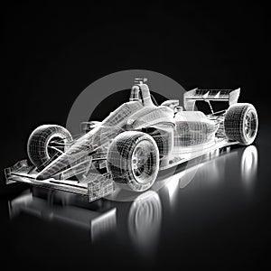 3d model race car on a black background with reflection. 3d rendering, Sport car racing formula one race track line art, AI