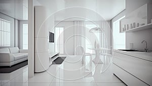 3d model of white kitchen and white living room, monochromatic interior
