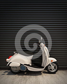 3D model of white vintage scooter in front of the metal garage wall, background