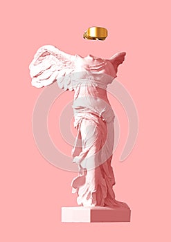 3D Model Of Winged Victory With Golden VR Glasses On Pink Background