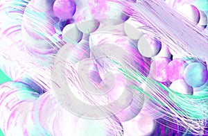 3D modeled cloudy surface, bubbles . Colorful blue, pink, mint and purple background. Rays of light. Ripples, Curves, waves.
