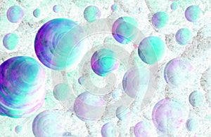 3D modeled multicolors bubbles. Colorful blue, pink, mint and purple background. Rays of light. Ripples, Curves, waves.