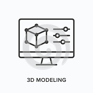 3d modeling flat line icon. Vector outline illustration of computer screen with cube prototype. Product design black