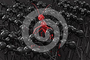 3D models of one red ant standing among large crowd of black ants selective focus at red ant 3D rendering illustration concept of