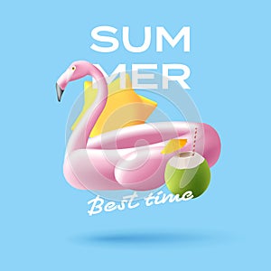 3d moder composition with pink Inflatable flamingo ring. Cocnut cocktail and sun, poster element