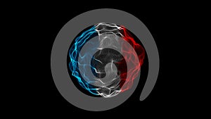 3D modern abstract three color in wireframe mesh sphere surface waving on isolated black background. French flag concept. 4K