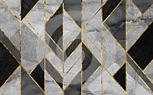 3d modern abstract wallpaper. Golden lines with Gary and golden marble in dark background.