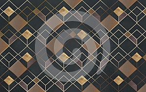 3d modern abstract wallpaper . Golden lines and traingles. Geometric forms in black background . for interior home decor