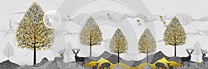 3d modern art mural landscape wallpaper with dark blue Jungle , Lake forest background . deer, black christmas tree , mountain , m