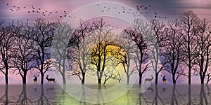 3d modern art mural landscape wallpaper with dark  Jungle , forest background . black christmas trees , moon with white birds and