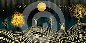 3d modern art mural wallpaper, night landscape with a dark black background with stars and moon, golden trees, deers, and gold wav