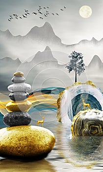 3d modern canvas art mural wallpaper landscape lake and wavy lines background. moon in water and golden christmas tree, deer, gray