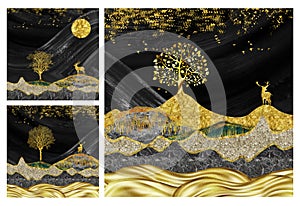 3d modern canvas art mural wallpaper landscape moon, golden Christmas trees, colorful mountains, deer in black marble background.