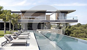 3D. Modern contemporary home design, perfectly natural living, surrounded by mountains and trees