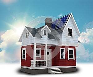 3D modern house with solar panels on the roof