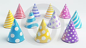 3D modern illustration of party hats, birthday caps with stripes and dots, carton cones for celebrations Realistic 3D