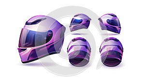 3D modern illustration of retro purple motorcycle helmet with visor and glasses mounted on a white background in front