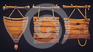 3D modern illustration of wooden boards hanging on ropes. Realistic signboards with wood texture, banners, or labels for