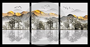 3d modern landscape art mural wallpaper with forest, golden and gray. birds and water.