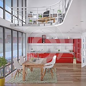 3d - modern loft with gallery, dining area, kitchen