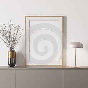 3d modern mockup with frame on a grey sideboard and a white lamp