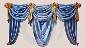 3D modern mockup of a realistic curtain set with blue folded cloth and gold ties and pelmet for curtains for windows