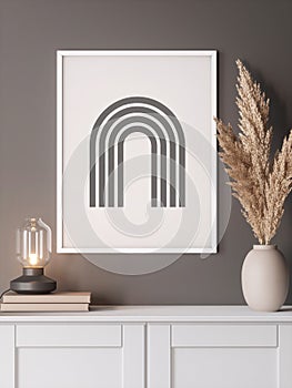 3d modern mockup with white frame on a grey wall and a white sideboard