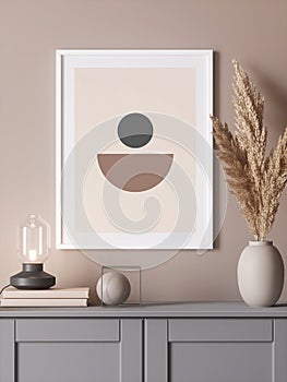 3d modern mockup with white frame on a smoky salmon wall and a grey sideboard