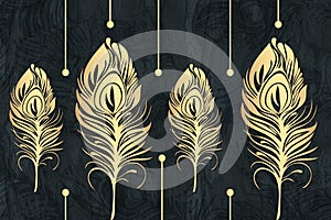 3d modern mural art wallpaper  . golden feathers in decorative black background .