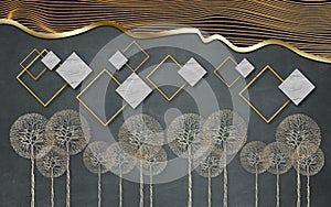 3d modern mural wallpaper with golden line and square  . gray black background with gold dandelion