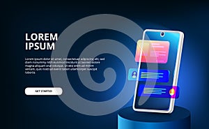 3D modern neon color gradient display screen smartphone ui design template for bubble chat and dark background