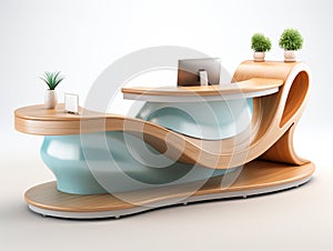 3d modern receptionist desk design featuring a curved design and decorated with LED lighting.