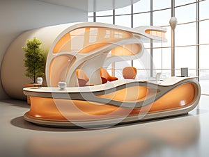 3d modern receptionist desk design featuring a curved design and decorated with LED lighting.