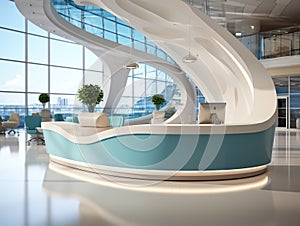 3d modern receptionist desk design featuring a curved design and decorated with LED lighting.