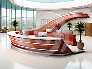 3d modern receptionist desk design featuring a curved design and decorated with LED lighting.