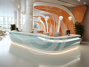 3d modern receptionist desk design featuring a curved design and decorated with LED lighting.