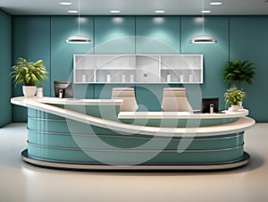 3d modern receptionist desk design featuring a curved design and decorated with LED lighting.