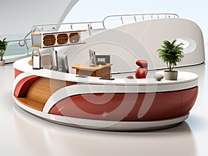 3d modern receptionist desk design featuring a curved design and decorated with LED lighting.
