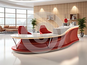 3d modern receptionist desk design featuring a curved design and decorated with LED lighting.